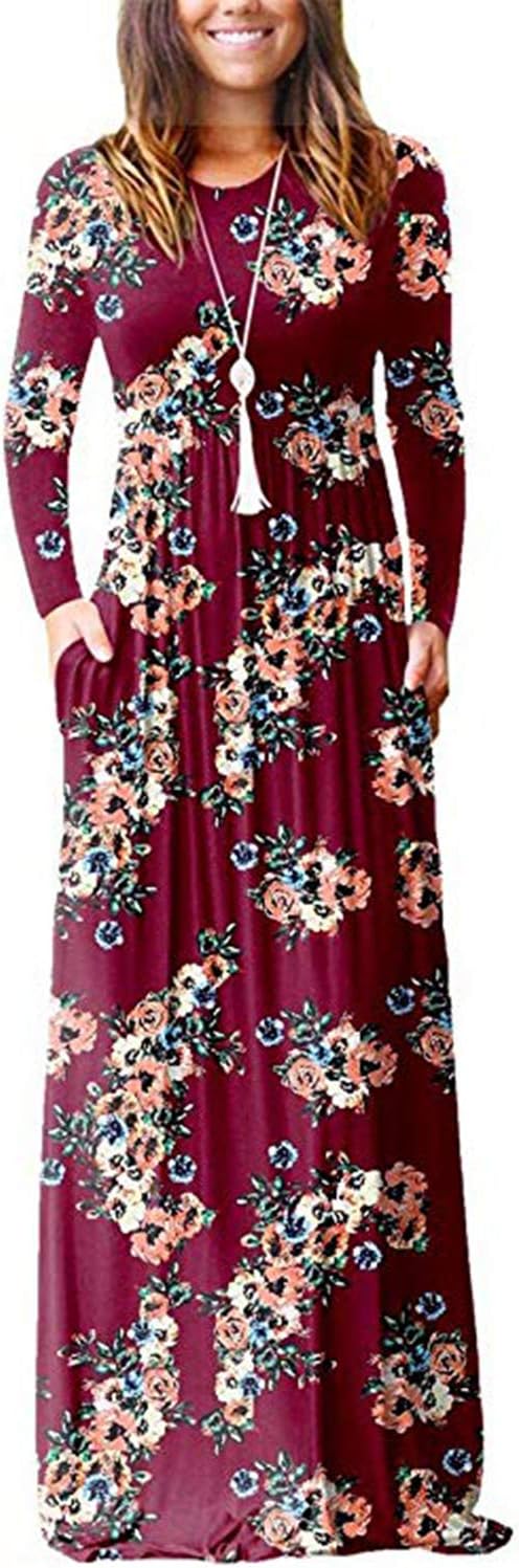 PALINDA Women's Floral Printed Long Sleeve Empire Waist Maxi Dresses with Pockets