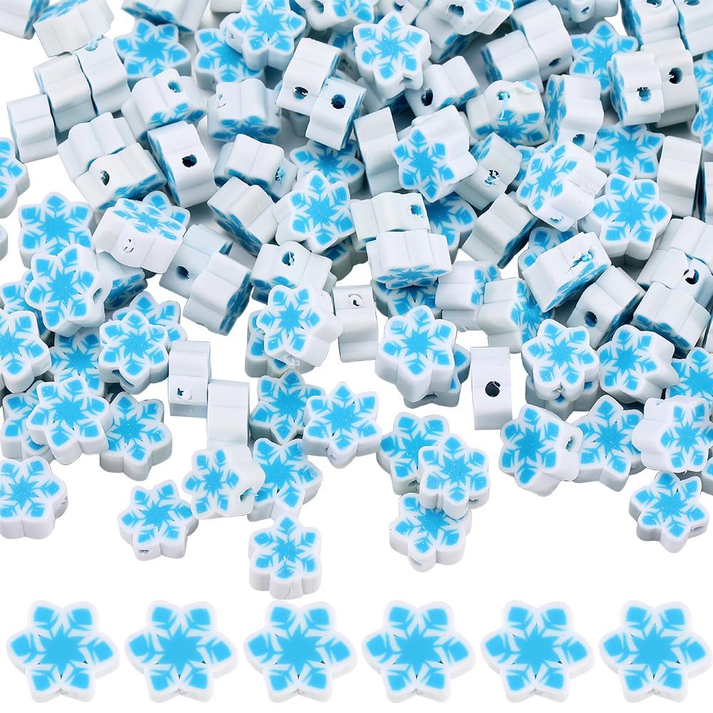 SUNNYCLUE 1 Box 300Pcs 10mm Snowflake Beads Christmas Polymer Clay Beads Cute Blue White Xmas Flat Loose Spacer Beads Bulk for jewellery Making Diy Bracelet Necklace Chocker Craft Supplies Party Decor