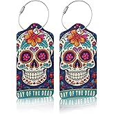 2 Pack Luggage Tag for Suitcases, Halloween Sugar Skull Mexican Flower Leather Baggage Tags Privacy Cover ID Label for Women Men Travel