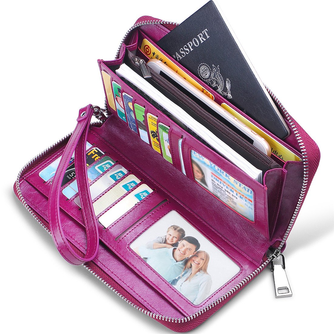 JEEBURYEE Women's RFID Blocking Large Capacity Oil Wax Genuine Leather Zip Around Wallet Clutch Multi Card Holder Ladies Purse Purple