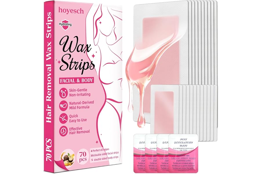 hoyesch 70PCS Wax Strips - 60 Facial & 10 Body Waxing Kit for Women | Wax Strips for Face, Eyebrow, Body, Arms, Legs, Chest, Back, Bikini/Brazilian Waxing Strips & 4 Calming Oil Wipes, Rose
