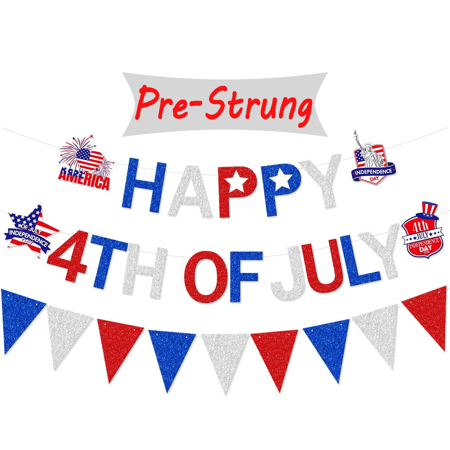 Photo 1 of Pre-Strung Happy 4th of July Banner Decorations, Patriotic Happy Fourth of July Sign with Blue Red Withe Garland for Independence Day Memorial Day Veterans Day Party Celebration Home Office Mantel