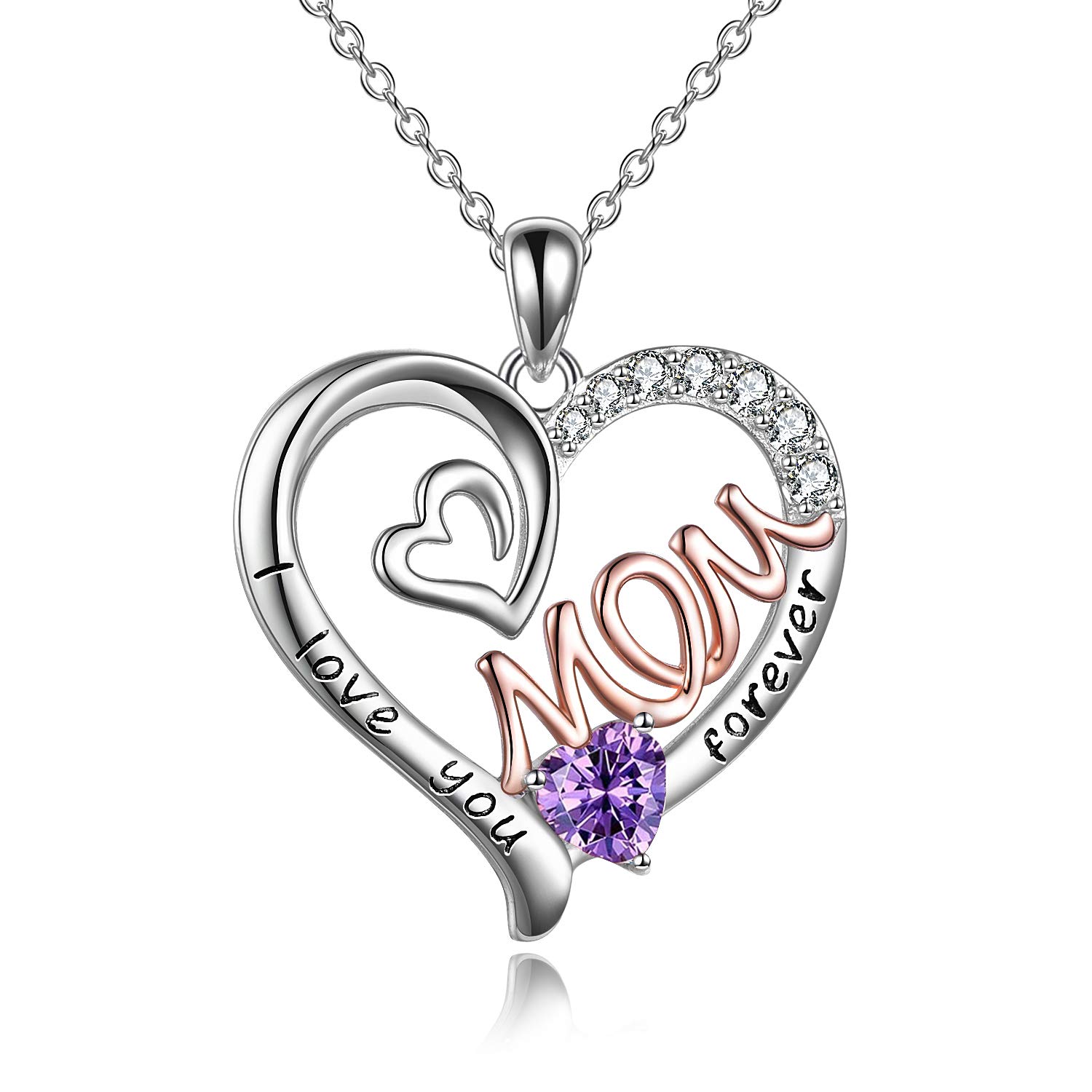 WINNICACA Mom Necklace S925 Sterling Silver Heart CZ Purple Stone Love Mum Pendant February Birthstone Jewellery for Women Mother Gifts — image 1