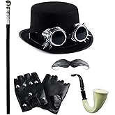 Tigerdoe Steampunk Hat with Goggles - 6 Pc Set (Gentleman's Costume, Steampunk Accessories)