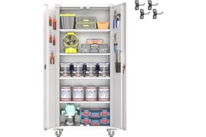 SUXXAN Large Metal Storage Cabinet with Pegboard and Wheels,72" Lockable Steel Storage Cabinet with 4 Adjustable Shelves, White Metal Cabinet for Garage Home, Office Assembly Required…