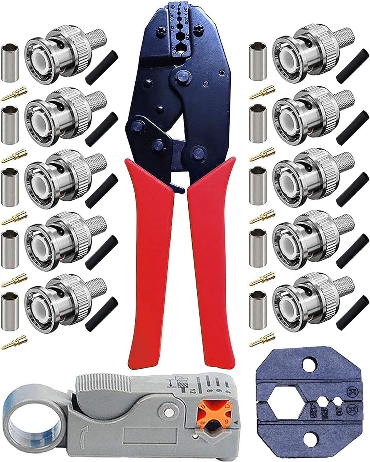 BNC Crimp Tool Set,BNC/TNC Ratched Crimp plie & Rotary Coaxial Cable Stripper with 10pcs BNC Male Crimp connectors for RG59,Red