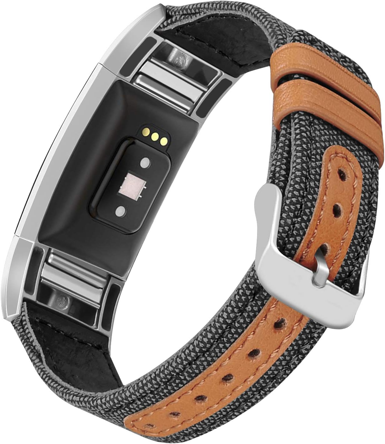 Jobese Compatible with Fitbit Charge 2 Bands, Classic Canvas Fabric with Genuine Leather Charge 2 Replacement Wristbands for Men Women