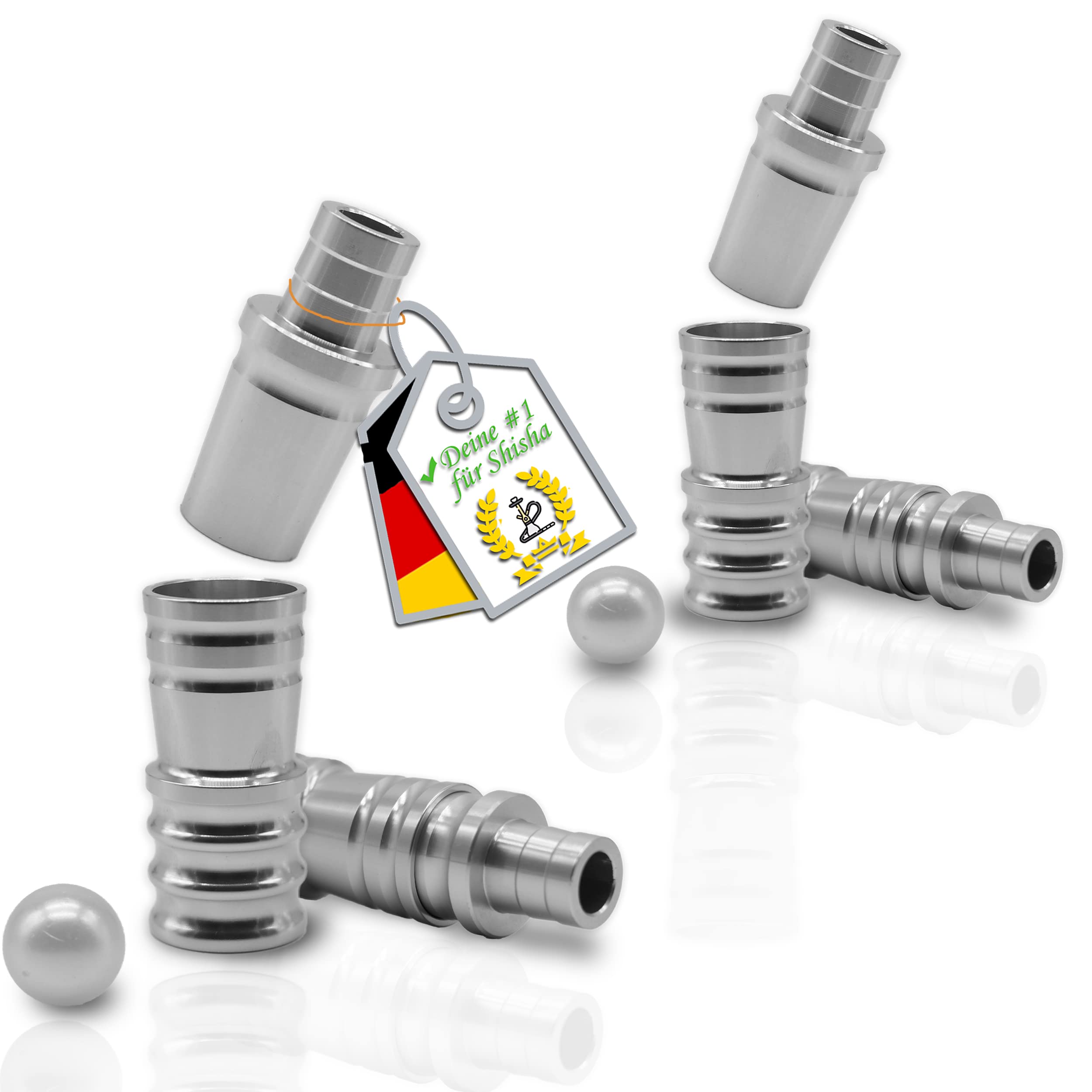 e-Row Shisha Hose Adaptor 18/8 Cut Aluminium - Adaptor Suitable for All Shishas with Thread - Internal Thread M16 x 1 Including Matching Valve Ball Aluminium Hose Connection for Water Pipes (2)