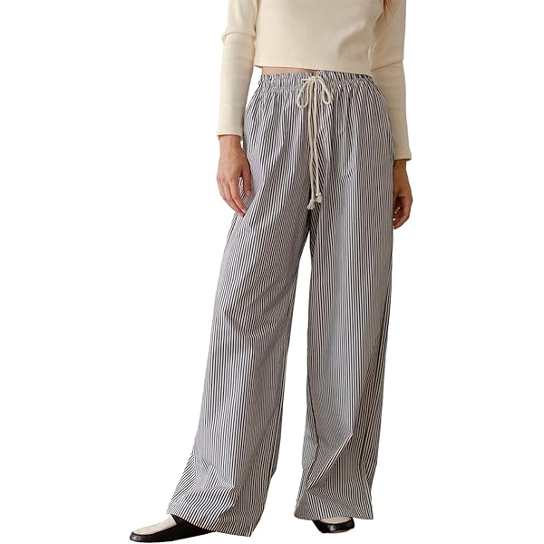 Women Drawstring Striped Pants High Waist Wide Leg Lounge