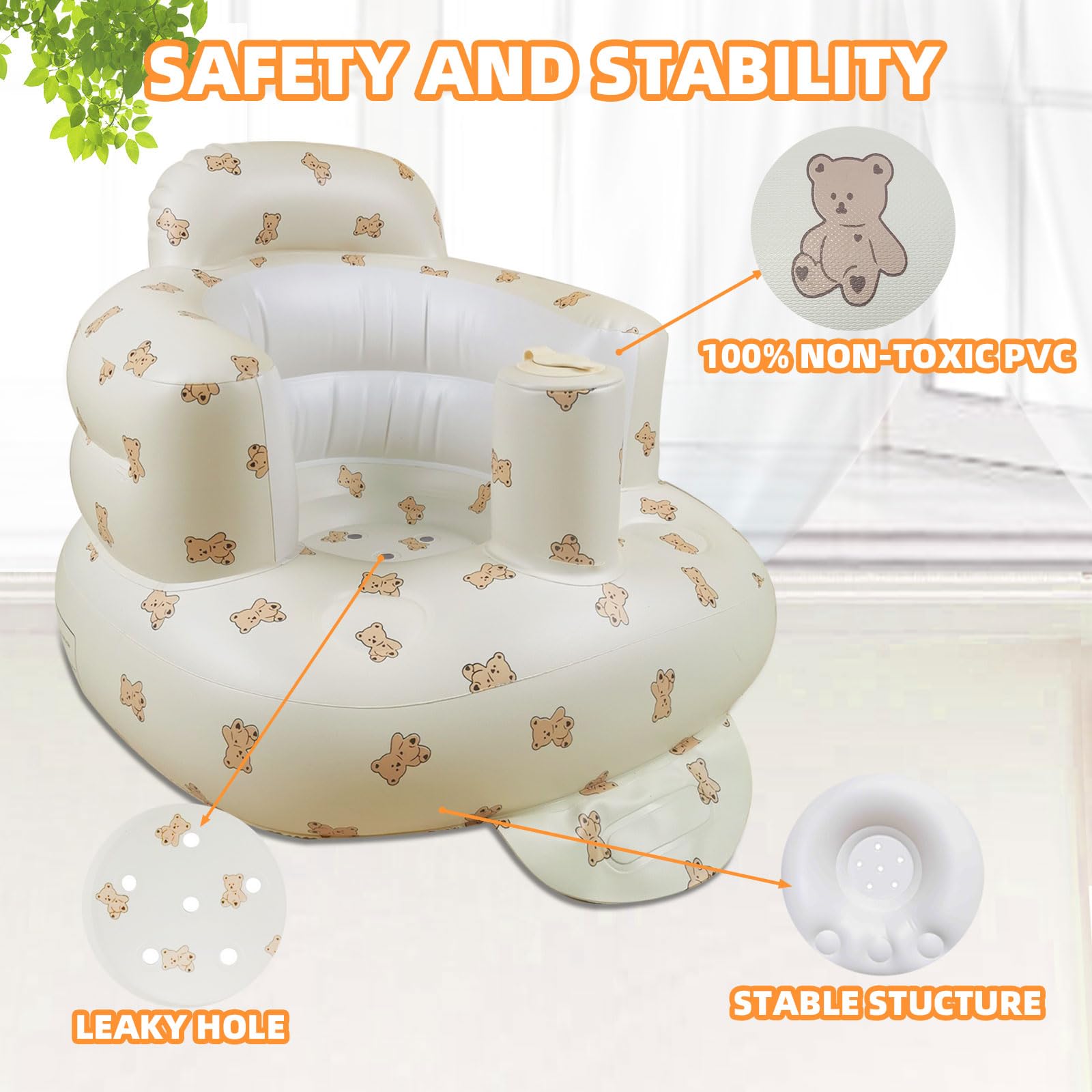 Inflatable Baby Seat for Babies 3-36 Months, Built in Air Pump Baby Chair Sit Me up Floor Seat for Baby, Bumbo Seat for Learning to Sit, Feeding, Camping(Bear Cub)