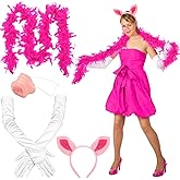 Shyyween 4 Pcs Pig Costume Accessories Set Pig Ears Headband, Nose, Pink Feather Boa Decoration and White Long Satin Gloves for Women Halloween Cosplay Party