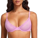 DOBREVA Women's Mesh Balconette Bra Sheer Demi Underwire Unlined Sexy Plus Size Plunge Bras Lace Trim