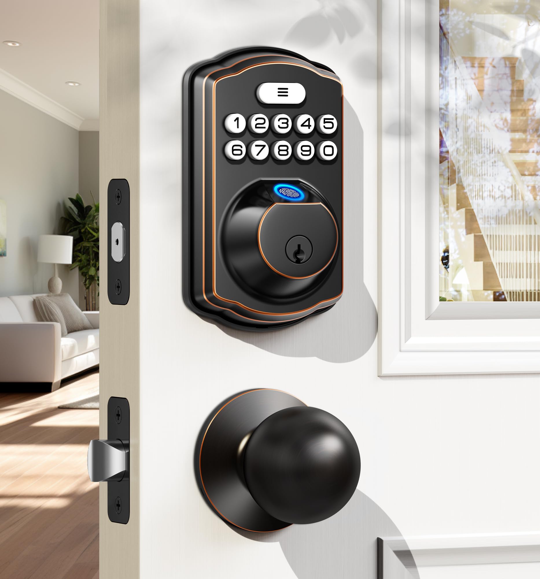 Photo 1 of Veise Fingerprint Door Lock with 2 Knobs - Keyless Entry Door Lock with Handle, Electronic Keypad Deadbolt, Smart Front Handle Set, Auto-Locking, Waterproof, Easy Installation, Oil-Rubbed Bronze