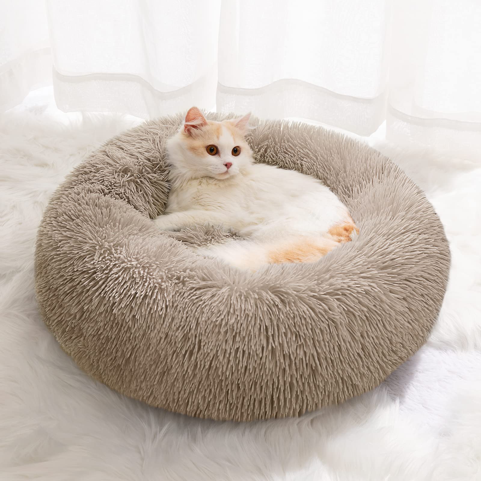 YOJOGEE Small Cat Bed for Indoor Cats, Self-Warming Donut Kitty Bed for Small Cats Keeping Warm, Washable Pet bed with Anti Slip Base, Khaki 40cm — image 1
