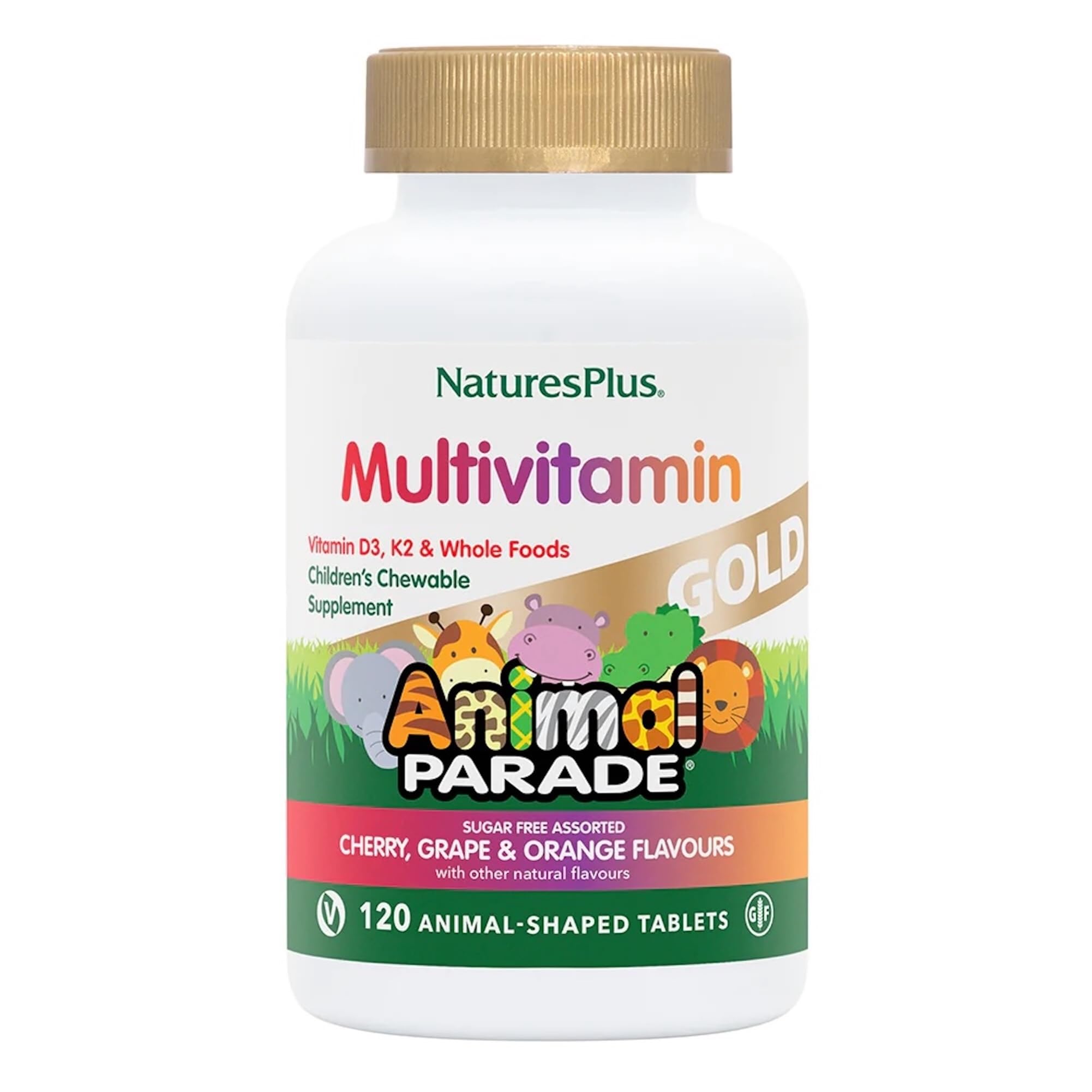 NaturesPlus Animal Parade Gold Children’s Multivitamin - Animal Shaped Chewable Multi for Kids - Assorted Flavours - Vegan, Gluten Free - 120 Chewable Tablets
