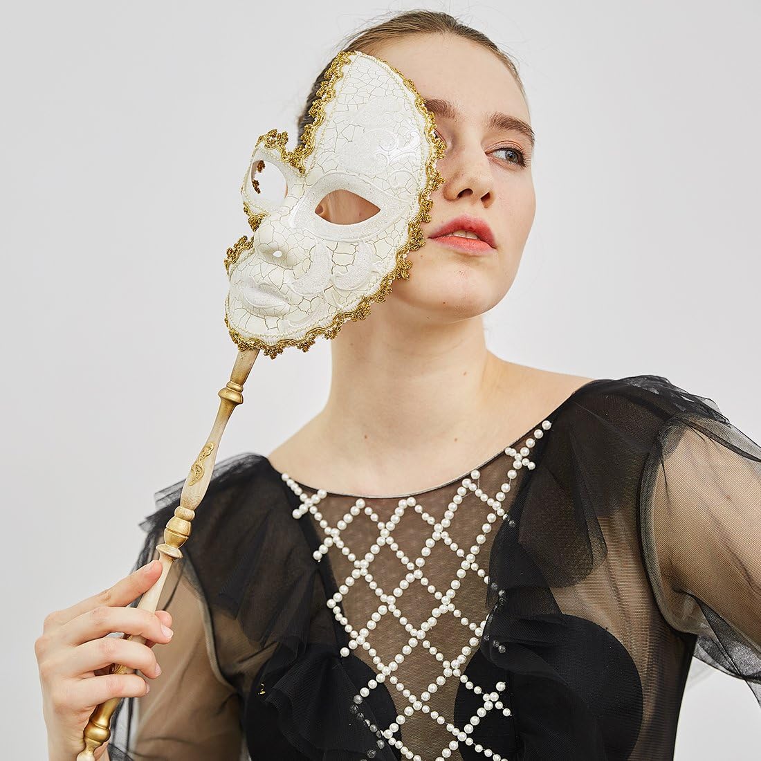 YUFENG Women Hand-held Mask, Venetian Costume Masquerade Mask on Stick, Color7, 19inchLx5inchW - Image 3