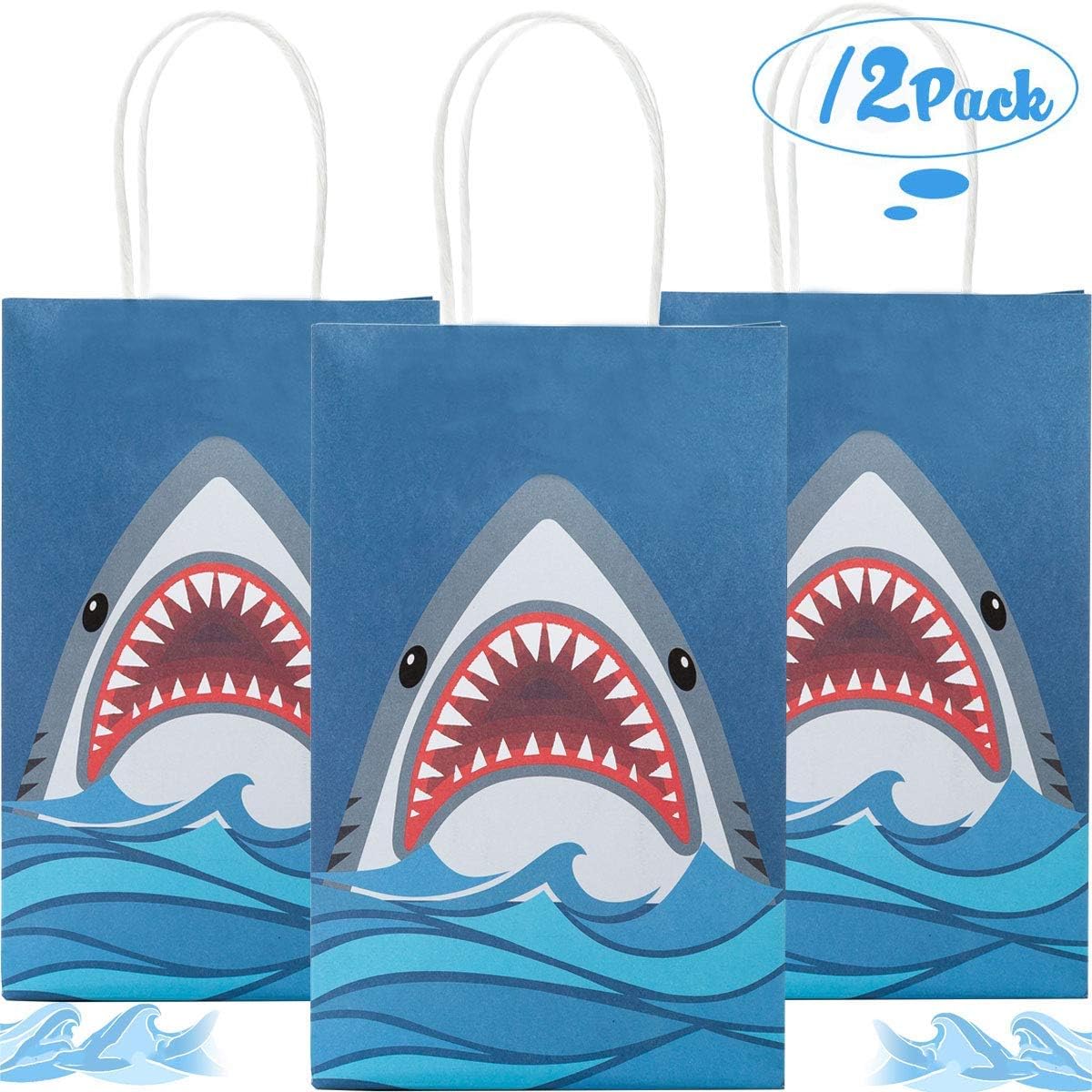 Funnlot Shark Party Bags Fillers Shark Party Favours Shark Gift Bags Shark Party Supplies 12PCS Shark Goodie Bags Shark Paper Bags with Handle Shark Favours for Kids