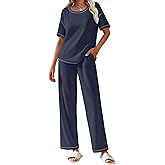 Ekouaer Women Waffle Knit Lounge Sets Short Sleeve Top and Long Pant Pajama Set Loungewear 2 Piece Pjs Set with Pockets