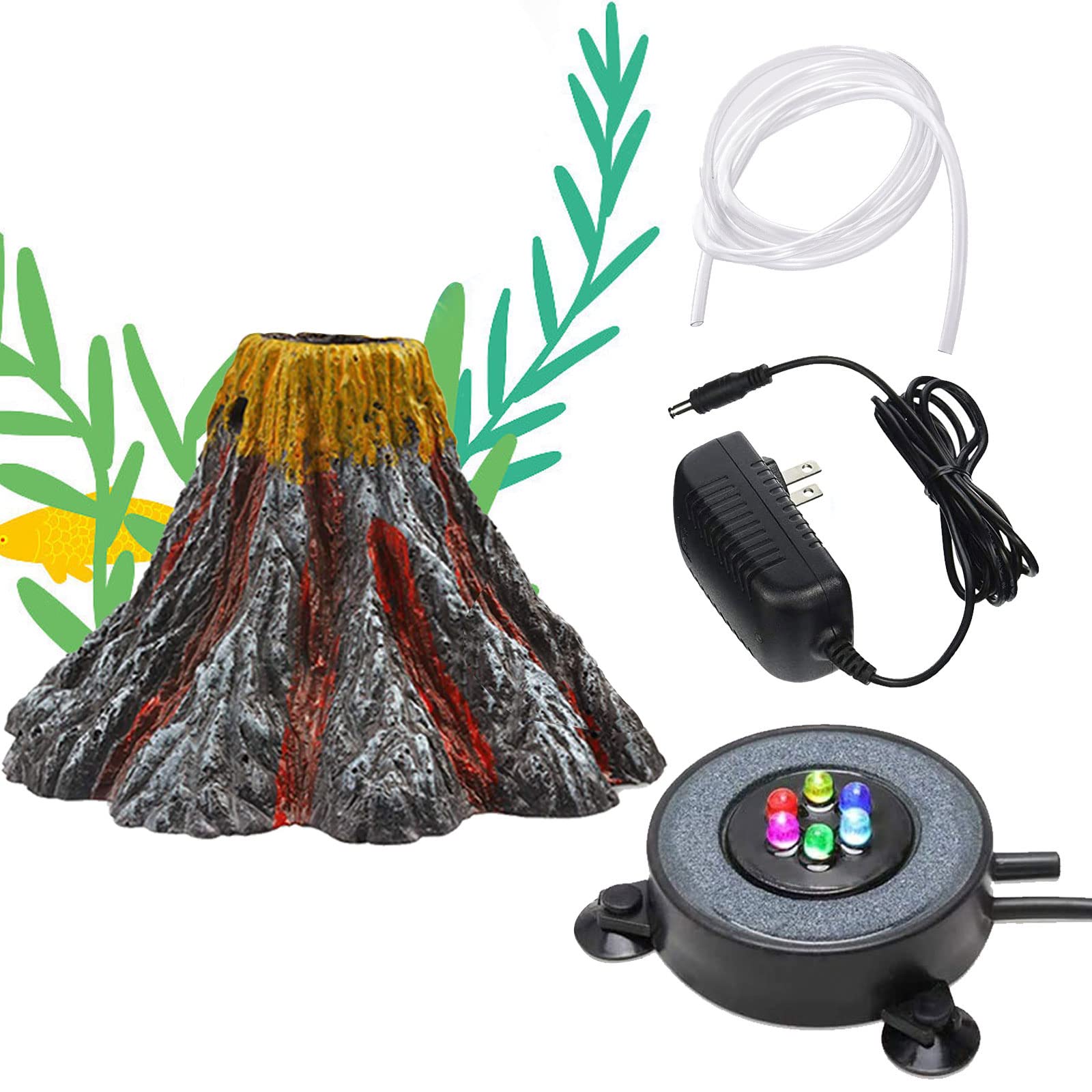 YWNYT Aquarium Volcano Ornament Kit, Multi Colour LED Light Air Stone & Air Pump Accessories, Aquarium Bubbler for Fish Tank Decoration