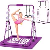Foldable Gymnastics Bar For Kids - Gymnastics Equipment With Rings and Mat | Kids gymnastic bar for home training, adjustable height 36&rdquo; to 52&rdquo;, 300 lbs capacity, with included rings, mat, and bar pad
