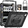 SEYMAC for iPad Pro 13 Inch Case 2024 M4 (7th Generation), Heavy Duty Shockproof Protective Case with Screen Protector, 360° Rotating Stand, Hand/Shoulder Strap and Pen Holder, Black