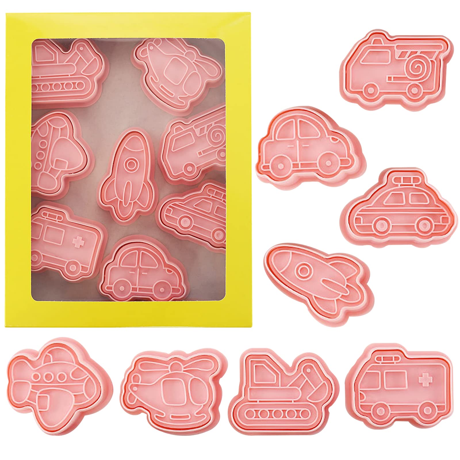 TONAUP Cartoon Fun Biscuit Moulds, 8Pcs Vehicle Cookie Cutter Stamp Set, Cookie Cutters for Kids, 3D Cookie Cutters Shapes, Biscuit Cutters for Baking, Biscuit Cutter Stampers Emboss