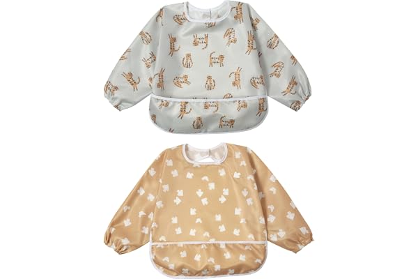 Little Dimsum Mess-Proof Baby Bibs|Infant Toddler Long Sleeve Waterproof Feeding Art Smock|Catching Food & Wipe Clean| Pack o
