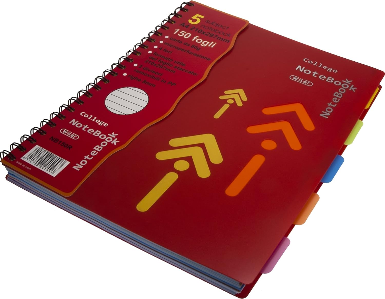 Wiler NB150R Maxi Spiral Notebook A4 with 4 Holes and Microperforation, 150 Sheets and 5 Removable PP Dividers. 8 mm Lines