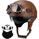 Lutcaut German Style Leather Motorcycle Half Helmet for Adults Men Women, DOT Approved Vintage Cap Half Face Shell Motorcycle Helmets for Cruiser Chopper+Goggles