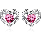 Iefil Birthstone Earrings for Women - 925 Sterling Silver Heart Stud Earrings Birthday Gifts for Women