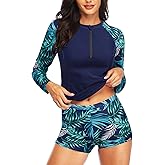 Daci Women Long Sleeve Rash Guard 2 Piece with Boy Shorts Zipper Swimsuit UPF 50 Bathing Suit for Women