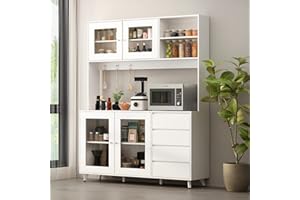 ECACAD Freestanding Kitchen Pantry Storage Cabinet with 4 Glass Doors, Shelves & 4 Drawers, Modern Sideboard Buffet Cabinet, Wood Kitchen Cupboard with Hutch and Hooks, White