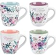 Christian Art Gifts Ceramic Coffee or Tea Mug Set for Women, Rejoice Watercolor Flowers Design Bible Verse Mug Set, Boxed Set of 4 Coffee Cups