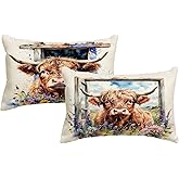 JAERUE Highland Cow Decorative Throw Pillow Covers with Wildflowers 12x20 Inch Farmhouse Rustic Cushion Cover Western Cows Lumbar Pillowcase 2Pack for Couch Sofa (Blue)