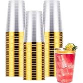 Goodluck 50PCS 14oz Gold Plastic Cups for Party, Disposable Gold Rim Cups, Plastic Cocktail Glasses for Wedding Thanksgiving, Christmas, and Parties