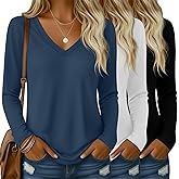 Riyiper 3 Pack Women's V Neck T-Shirts Long Sleeve Casual Tops Regular Fit Fall Layer Shirts Straight Hem Plain Winter Tees(Haze Blue, White, Black,Small)