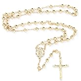SM Stainless Steel Gold Silver Rosary 3mm-8mm CCB Beads Cross Y Necklace 20”-30” Chain for Women Men (6mm 20" (4) - Gold)