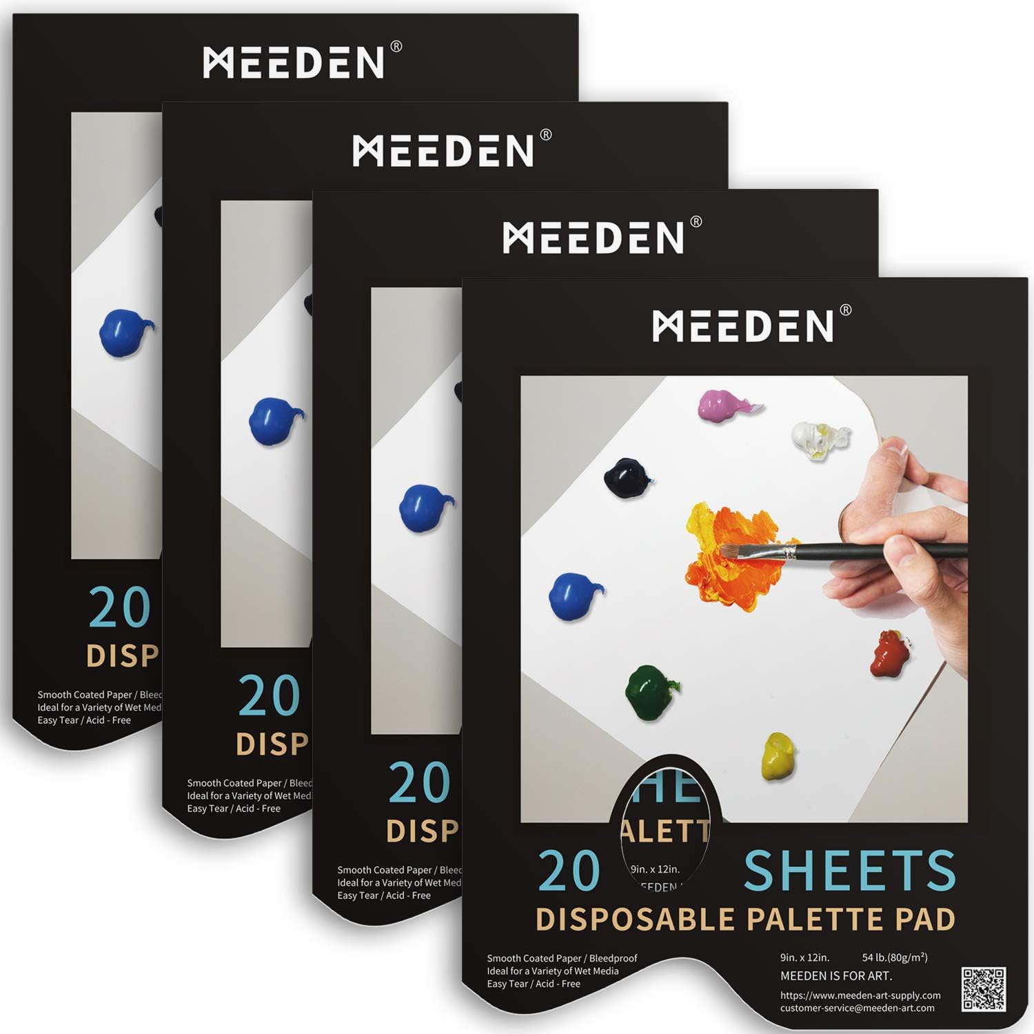 MEEDEN Disposable Palette Painting Pad, 4 Pack 20 Sheets 9x12 Inches, 54lb / 80GSM Bleed-Proof Paint Palette with Thumb Hole, Non-Acid Paper for Acrylic, Oil, Gouache and Tempera