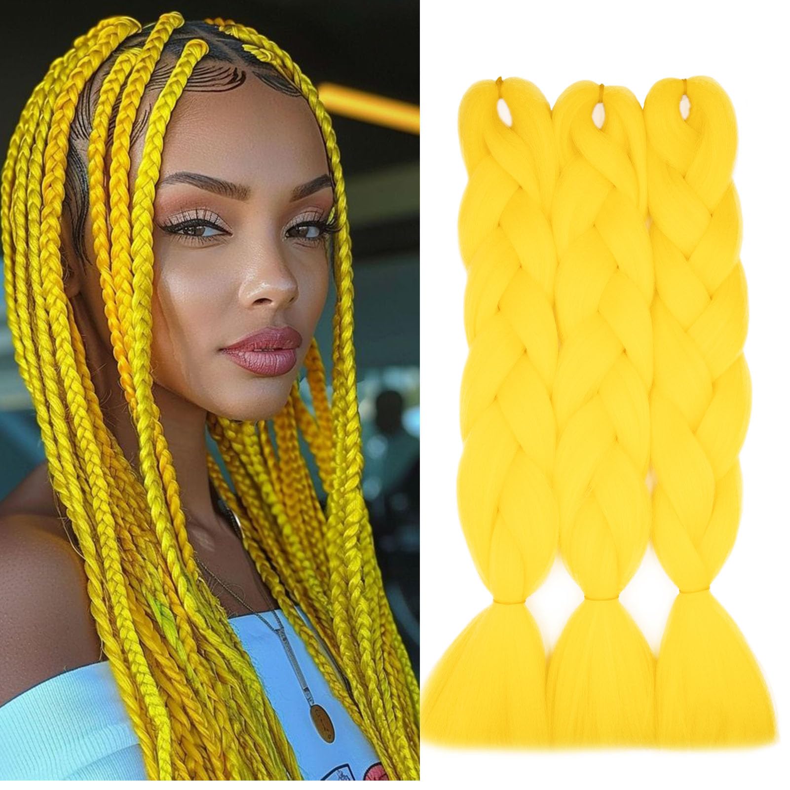 Cybelleza 24" Braiding Hair Extension Jumbo Braids Synthetic 3bundles/pack 300g Crochet Hair Afro Box Braid Heat Resistent, Yellow