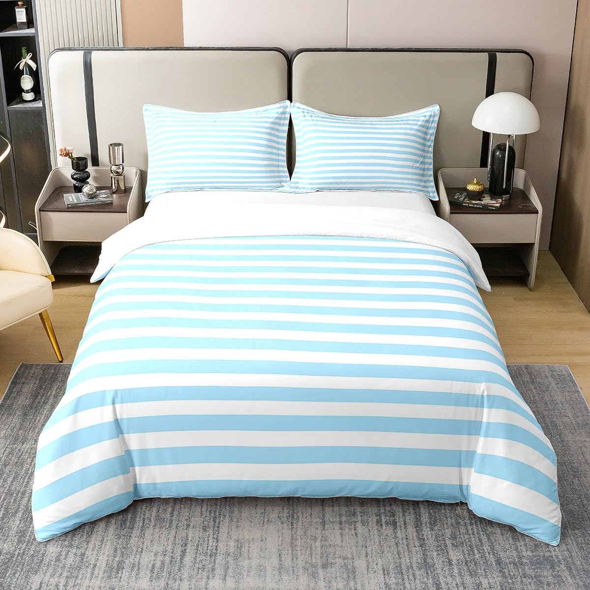 100% Organic Cotton Sky Blue White Striped Bedding Set Double Blue Ticsuper King Stripes Duvet Cover Modern Abstract Gothic Home Decor Quilt Cover Horizontal Stripes Geometric Lines Comforter Cover