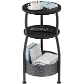 Yuede Small Round Side Table for Living Room with Storage Basket, 11.81in | End Table Bedroom, 3-Tier Bedside Table Stand for Entry, Garden, Spaces Saving, Tall 24in Industrial Classic Black