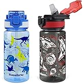 wooshwa Kids Water Bottle for School, 16 Oz Plastic Water Bottle with Silicone Spout and Pop-Up Cover, BPA Free & Dishwasher Safe (Dinosaur/Spacecraft)