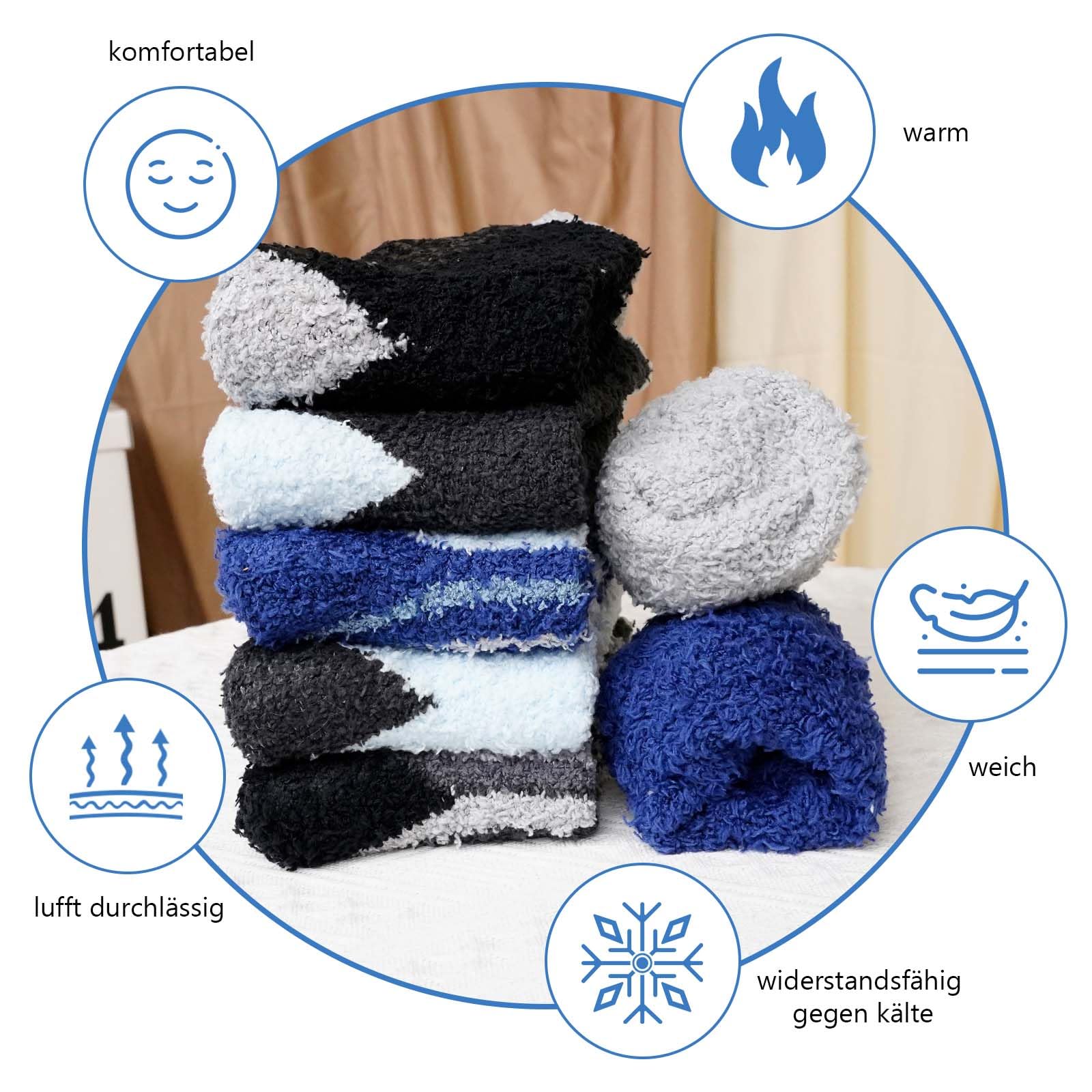 LOFIR Kuschelsocken Warme Socken für Herren: Winter Dicke Flauschige Thermosocken mit Noppen für Männer - ABS Wintersocken Stoppersocken Haussocken für Weihnachten Geschenke 5 Paar Mehrfarbig 43-46 4