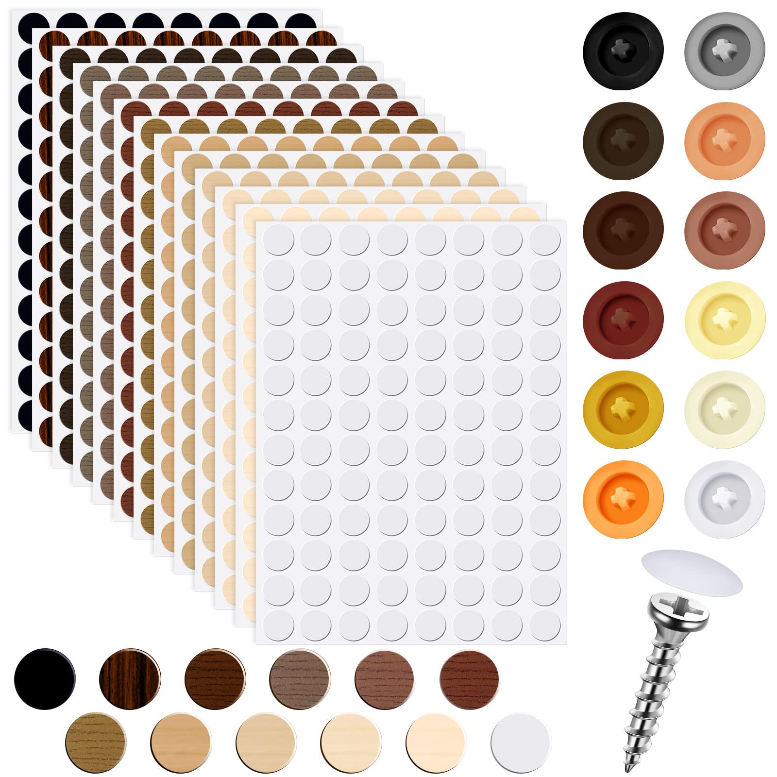 Photo 1 of 1152 Pcs Self-Adhesive Screw Hole Stickers and 120 Pcs Screw Cap Covers, 15 mm Waterproof Dustproof Self Tapping PVC Plastic Cap Cover Sticker for Wood Furniture Cabinets Wall Desk, 12 Colors