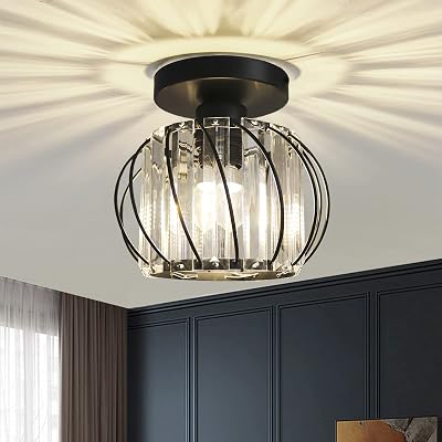 Hudi Fyier Chandelier Crystals Semi Flush Mount Ceiling Light Black 19cm