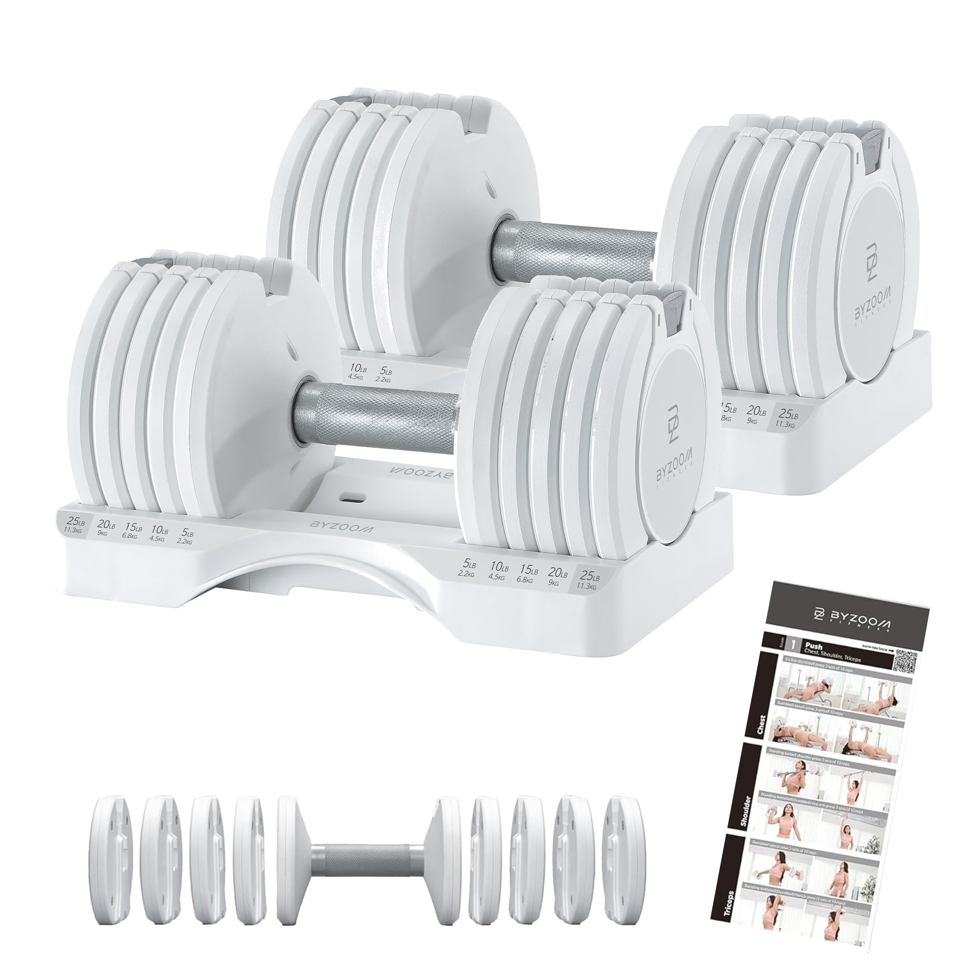 Photo 1 of *USED*
BYZOOM FITNESS Adjustable Dumbbell – 12.5/25lb Single Unit OR Set of 2 – 5-in-1 Adjustable Weight for Home Gym, Strength Training & Fitness Workouts, White OR Black