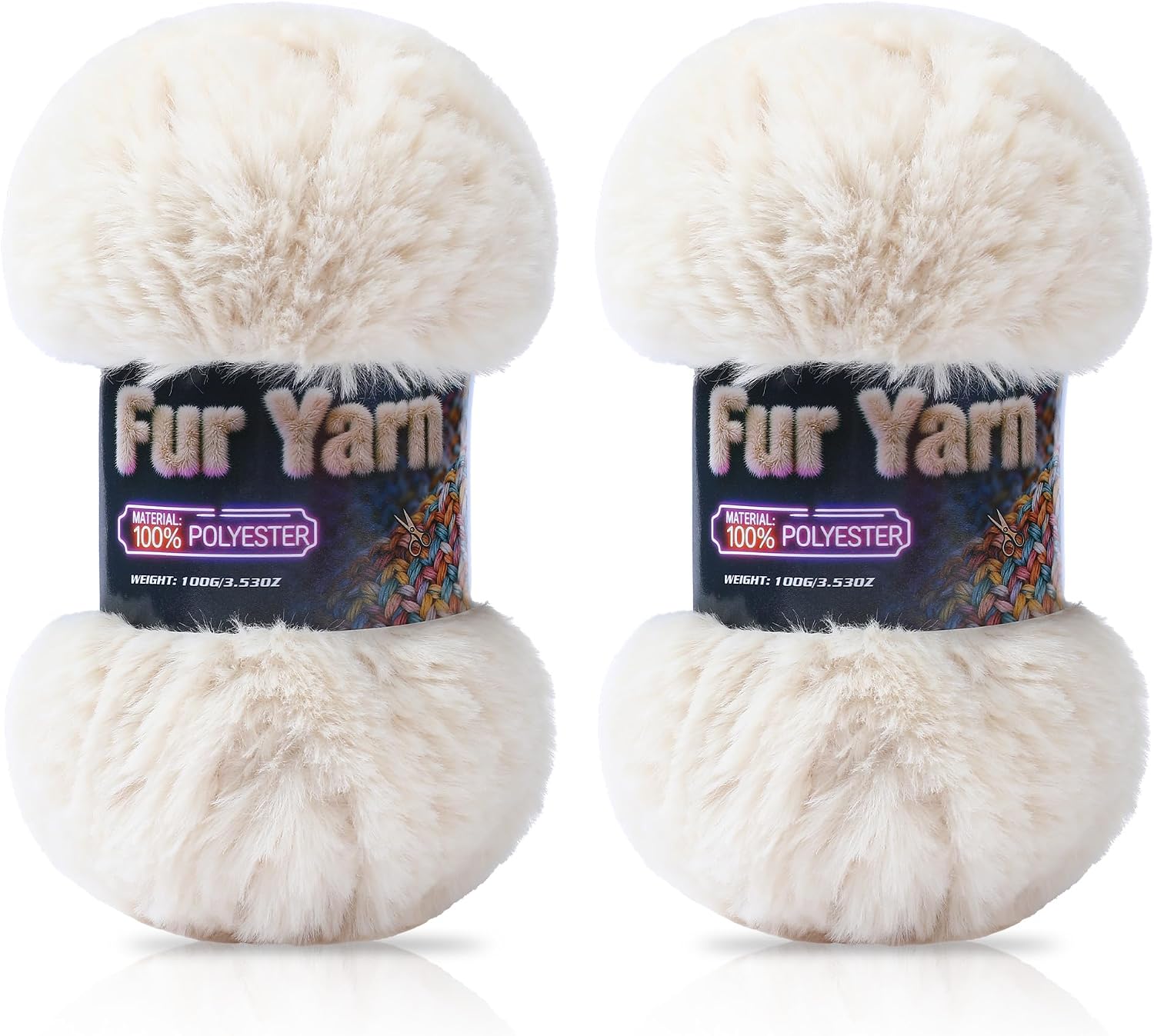 Faux Fur Yarn Soft Fluffy for Crocheting - 2 Skeins(Each 3.5oz/100g, 71yd/65m) - Chunky & Fluffy Yarn for Crochet Amigurumi, Blankets, Hand Knitting, Scarves &Crafts (2, Beige)