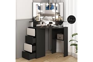VABCHES Corner Vanity Desk with Lighted Mirror & Power Strip,Black Makeup Vanity Table with Lights,42 inch Corner Vanity Mirror with Lights and 4 Drawer, 3 Lighting Modes, Brightness Adjustable