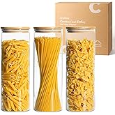 ComSaf Glass Spaghetti Pasta Storage Container with Lids 2 Qt Set of 3, Tall Clear Airtight Food Storage Jar with Wood Cover Kitchen Pantry Storage Container for Noodles Flour Cereal Coffee Beans
