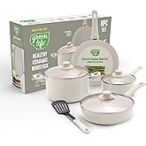 GreenLife 8 Piece Nonstick Cookware Set, Non-Toxic PFAS-Free Ceramic Pots & Pans, Dishwasher & Oven Safe, Frying, Sauce, Stock Pot, Glass Lids, Stay-Cool Handles, Wobble Free, Cream